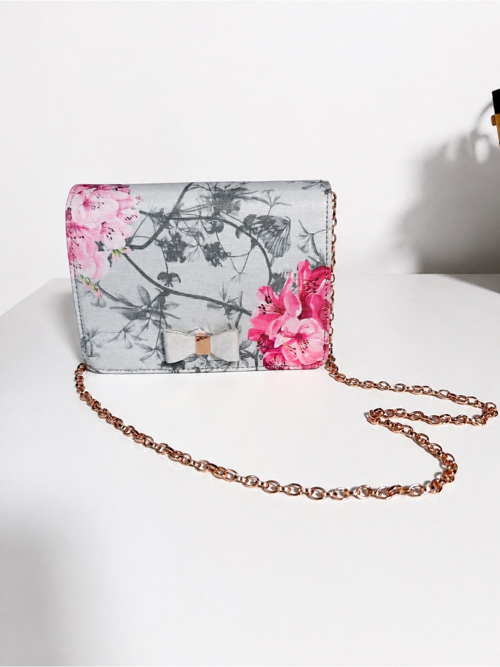 Ted Baker London Gray Floral Crossbody with Pink Blooms and Bow